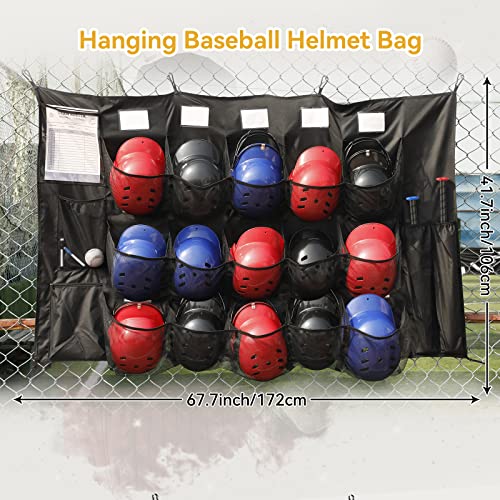 QBA Hanging Helmet Bag for Baseball Softball Team, Helmet Organizer for Dugout Fence Garage, Hold Up to 15 Players Helmets 4 Bats with Name Cards Roster Line Up, Black