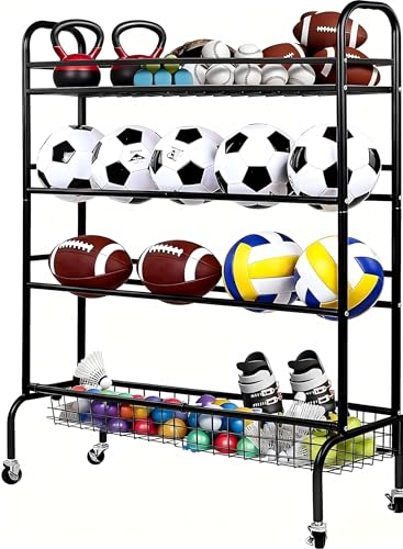 Fitvids Garage Sports Equipment Organizer, Garage Ball Storage, Sports Gear Storage, Garage Organizer with Baskets and Hooks, Rolling Sports Ball Storage Cart, Black, Steel - style: 4-Tier