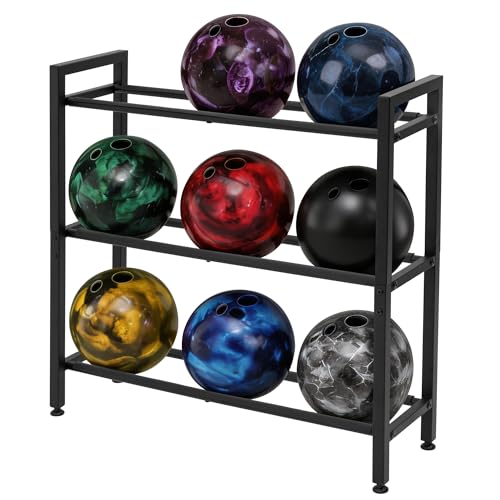 Bowling Ball Rack, Heavy Duty Bowling Ball Stand, Metal Storage Organizer Holds 9 Balls for Home, Garage, Game Room or League Equipment