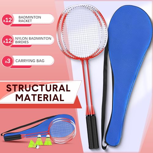 12 Pack Badminton Rackets Set Including Badminton Racquets, Nylon Shuttlecocks and Carry Bag for Outdoor Backyard Games Beginners - color: White-Red Cross