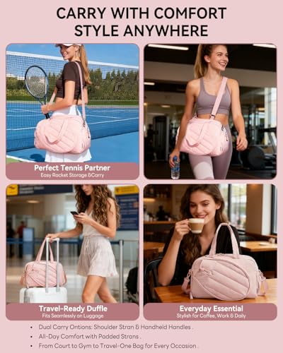 Tennis Tote Bag for Women – Waterproof Lightweight Travel Gym Bag with Shoulder Strap, Holds 2 Rackets, Pickleball & Badminton Bag with Shoe Compartment, Wet/Dry Separation, Fits 15.6" Laptop