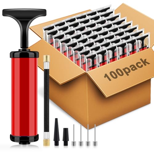100 Sets Ball Air Pump Bulk for Sports Balls Include Needle Nozzle Extension Hose Hand Inflation Kit for Basketball Soccer Football Volleyball Balloon, Operation Bulk Christmas Child Items Gifts - color: Red