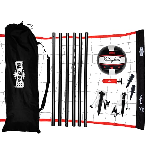 Hall of Games Outdoor Volleyball Net and Carrying Bag Set with Adjustable Steel Poles and Official Size Volleyball Perfect for Parties