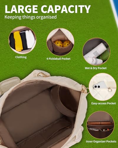 ESTARER Pickleball Tote Bag for Women with Shoe Compartment Large Pickleball Paddle Storage & Fence Hook - color: Off-white