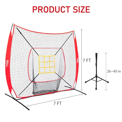 7x7 Ft Baseball and Softball Training Net with Batting Tee, Strike Zone Target, Portable Hitting and Pitching Practice Set - color: Red