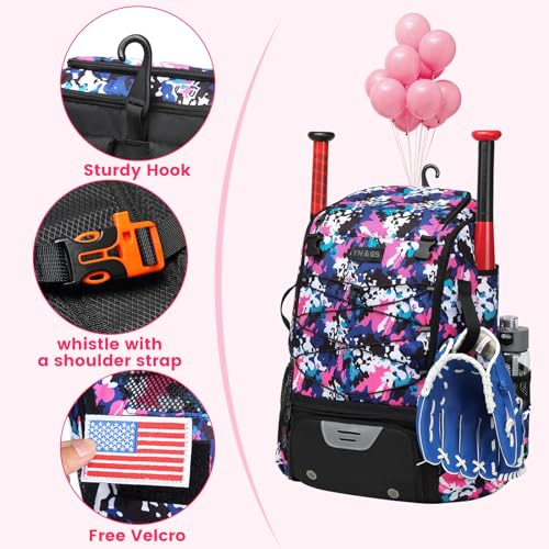 Softball Bag,Softball Bat Bag For Youth Adults,Baseball Bag with Fence Hook for TBall Bat & Equipment,Lightweight Baseball Bat Backpack with Shoe Compartment,Large Main Compartment for Helmet - color: Pink Camouflage