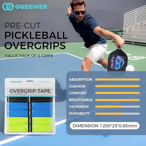 Pickleball Paddle Grips, Pack of 6, Non-Slip & Moisture Wicking Overgrip Tape for Pickleball Paddles - color: Black + Blue + Green Yellow