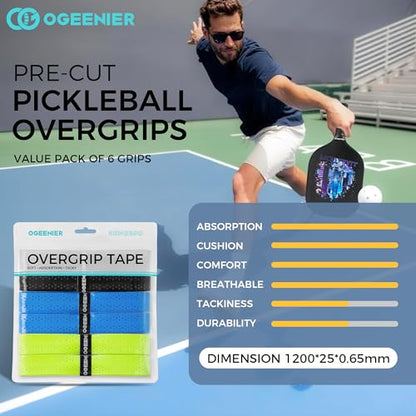 Pickleball Paddle Grips, Pack of 6, Non-Slip & Moisture Wicking Overgrip Tape for Pickleball Paddles - color: Black + Blue + Green Yellow
