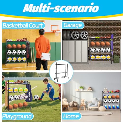 Garage Balls Storage Rack with Baseball Bat Hooks & Baskets, Basketball Holder Stand Rolling Ball Cart with Wheels, Garage Sports Equipment Organizer, Basketball Racks for Balls, Garages Organizer