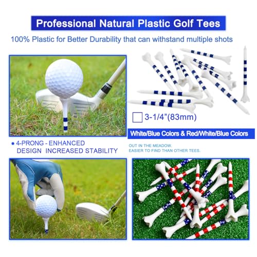 Golf Tees3 1/4" -100 Pack, Plastic Golf tees 3 1/4 inch 4-Prong Long Plastic Tees – Reduce Friction&Side Spin,Enhanced Durability & Stability,Also able to Work with a Variety of Drivers, hybrids.
