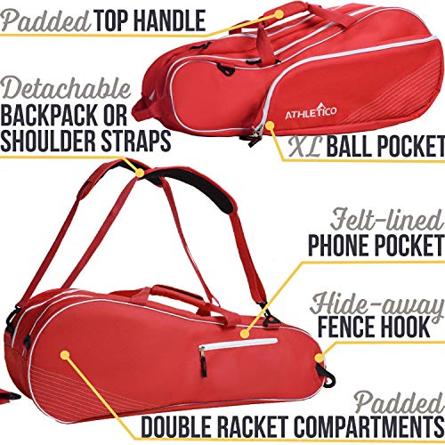 Athletico 6 Racquet Tennis Bag | Padded to Protect Rackets & Lightweight | Professional or Beginner Tennis Players | Unisex Design for Men, Women, Youth and Adults (Red)
