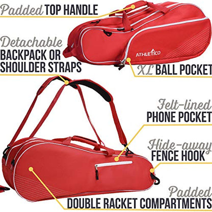 Athletico 6 Racquet Tennis Bag | Padded to Protect Rackets & Lightweight | Professional or Beginner Tennis Players | Unisex Design for Men, Women, Youth and Adults (Red)