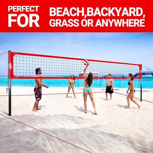 PLAYAPUT Outdoor Professional Volleyball Net System, Aluminum Poles with Scoring System and Anti-Sag Winch, Easy Adjust Heights Portable Volleyball Net for Backyard,Beach, Grass