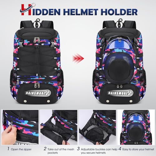 RAINSMORE Baseball Bag for Youth & Adult Lightweight Softball Bat Bag with Shoe Compartment, External Helmet Holder and Fence Hook Waterproof Baseball Backpack Hold T-Ball, Bat and Softball Equipment - color: Pink Camouflage
