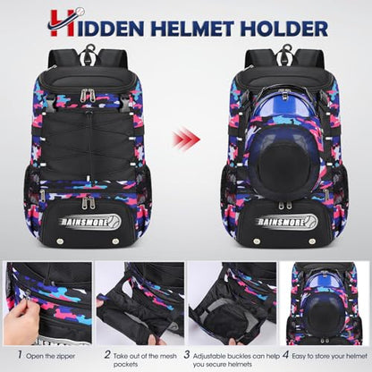 RAINSMORE Baseball Bag for Youth & Adult Lightweight Softball Bat Bag with Shoe Compartment, External Helmet Holder and Fence Hook Waterproof Baseball Backpack Hold T-Ball, Bat and Softball Equipment - color: Pink Camouflage