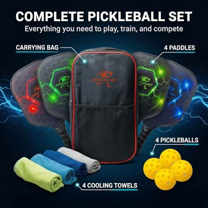 Pickleball Paddle Set - USAPA Approved Fiberglass Paddles | Lightweight Honeycomb Core | Includes 4 Balls, Carry Bag, and Cooling Towels | Ideal for All Players by EPICOURT - size: 4 Pack, style: Sport