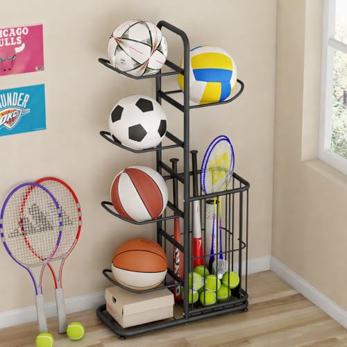 Multi-Function Sports Equipment Storage Racks - Adjustable and Durable Solutions for Organizing Balls, Toys, and Gear Indoors, in Garages, or Outdoors (5-tier-black-with Basket) - style: 5-tier-black-with Basket