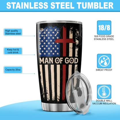 Christian Man of God 20oz Insulated Tumbler, Bible Verse Travel Mug with American and Cross, Religious Gift for Men, Spiritual Faith Cup for Dad, Husband, Pastor, Church - color: Christian American Flag