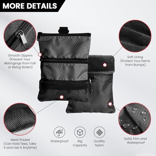 Amy Sport Golf Bag Accessories Valuables Pouch Bags Multi Pocket Zipper Hook with 10 Pcs Wood Golf Tees for Men Women - color: Black