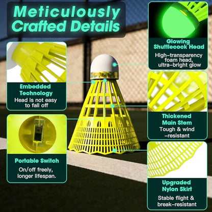 AboveGenius Glow in The Dark Badminton Birdies 6 PCS, 360° Nylon LED Badminton Shuttlecocks for Family Backyards Practice, Long Lasting Light Up Birdie Balls Set for Indoor Outdoor Sports Activities