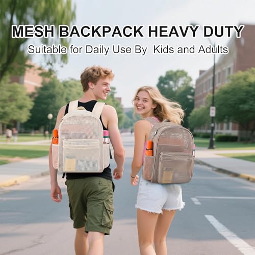 Oraben Heavy Duty Mesh Pack With Rain Cover See Through Backpack Mesh Backpack Bookbag Ideal for Class, Work, Travel, Beach Outings (Khaki) - color: Khaki