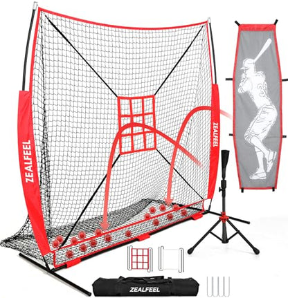Baseball Softball Net, 7x7 ft Pitching & Batting Net with Dummy Batter, Large Ball Collection System, 2 Strike Zones, Batting Tee, Carry Bag for Batting Pitching Hitting, Great for All Levels