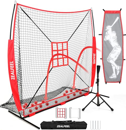 Baseball Softball Net, 7x7 ft Pitching & Batting Net with Dummy Batter, Large Ball Collection System, 2 Strike Zones, Batting Tee, Carry Bag for Batting Pitching Hitting, Great for All Levels