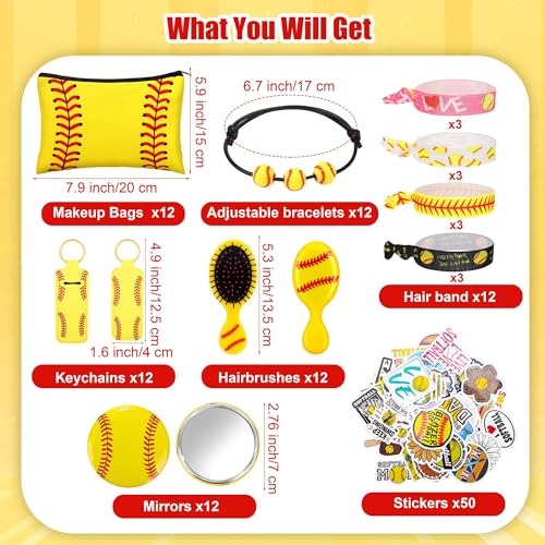Elcoho 122 Pieces Softball Party Favors Set Softball Team Gifts with 12 Sets Makeup Bags, Hairbrushes, Mirrors, Headbands, Bracelets, Keychains and 50 Stickers for Sports Birthday Party Supplies