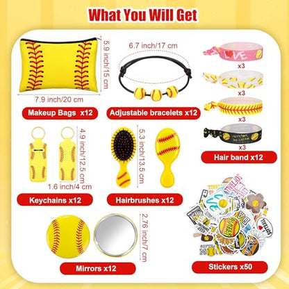 Elcoho 122 Pieces Softball Party Favors Set Softball Team Gifts with 12 Sets Makeup Bags, Hairbrushes, Mirrors, Headbands, Bracelets, Keychains and 50 Stickers for Sports Birthday Party Supplies