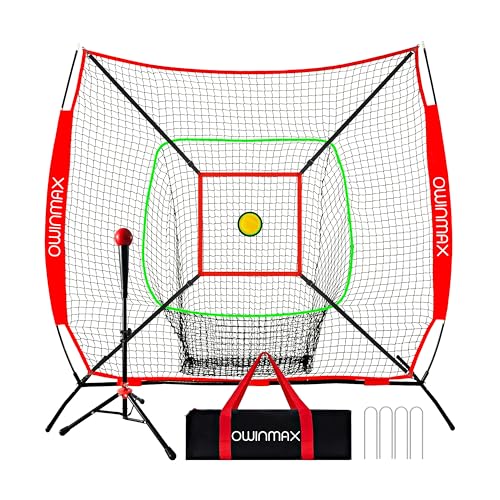 7x7 FT Baseball Net, Baseball & Softball Training net with Batting Tee, Strike Zone & Circular Target and Weighted Ball, Portable Design with Compact Storage