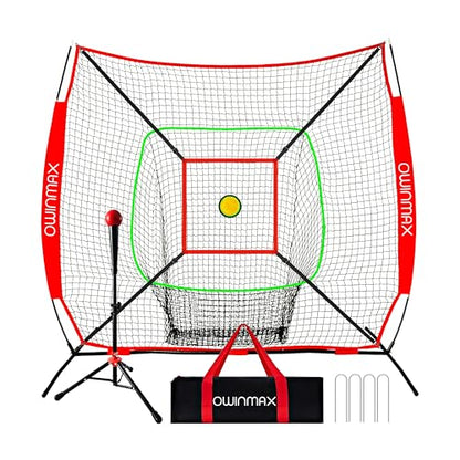 7x7 FT Baseball Net, Baseball & Softball Training net with Batting Tee, Strike Zone & Circular Target and Weighted Ball, Portable Design with Compact Storage