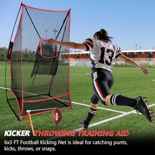 Kapler Football Kicking Net for Field Goals - 3x6FT Portable Football Net for Throwing with Target Zone Attachment and Holder Tee - Sideline Practice for Backyard Skill Improvement
