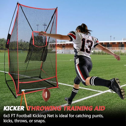 Kapler Football Kicking Net for Field Goals - 3x6FT Portable Football Net for Throwing with Target Zone Attachment and Holder Tee - Sideline Practice for Backyard Skill Improvement