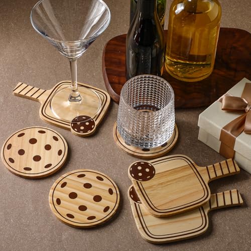 Hushee 6 Pack Dinkball Drink Coasters Wood Coasters Set Paddle Shape with Handle Funny Father Day Gift for Men Women Sports Lovers Fans Party Favors Decorations