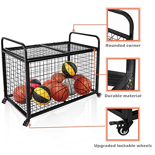 heodmaem Ball Cart Storage for Garage Compatible with Optional Divider, Extra Large Basketball Cage Bin for Indoor Outdoor, Heavy Duty Sports Equipment Organizer for Gym, School,Club
