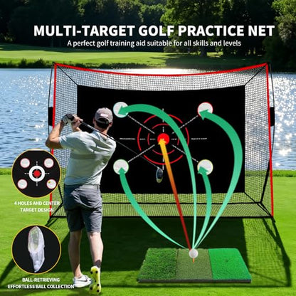 Golf Net, 10x7FT with Golf Practice Mat, Hitting Aid Net with Multi Targets Training for Backyard Driving Chipping Indoor Outdoor Use, 7-Ply Anti-Tear Netting & Carry Bag, Gifts for Men Dad Him Golfer