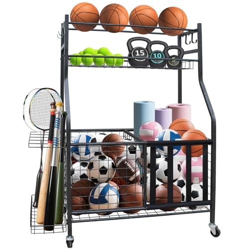 Garage Sports Equipment Ball Storage Organizer, Large Capacity Ball Storage Rack, Rolling Ball Cart with Wheels for Indoor & Outdoor, Basketball Sports Equipment Organizer for Balls
