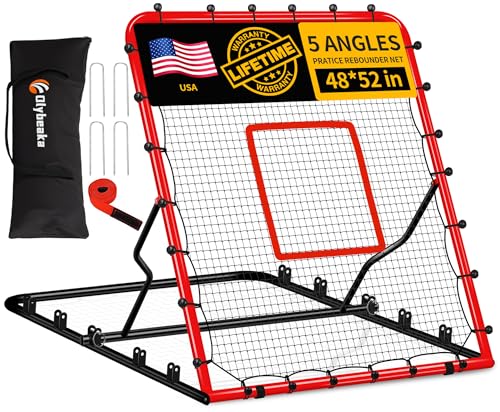 5-Angle Baseball Rebounder Net Bounce Back Net Solo Fielding Trainer 48x52 Inch, Multi-Sport Pitch Back for Ground, Line Drive, Fly Ball with Stable Frame, 45-PLY Net, Carry Bag - color: Red