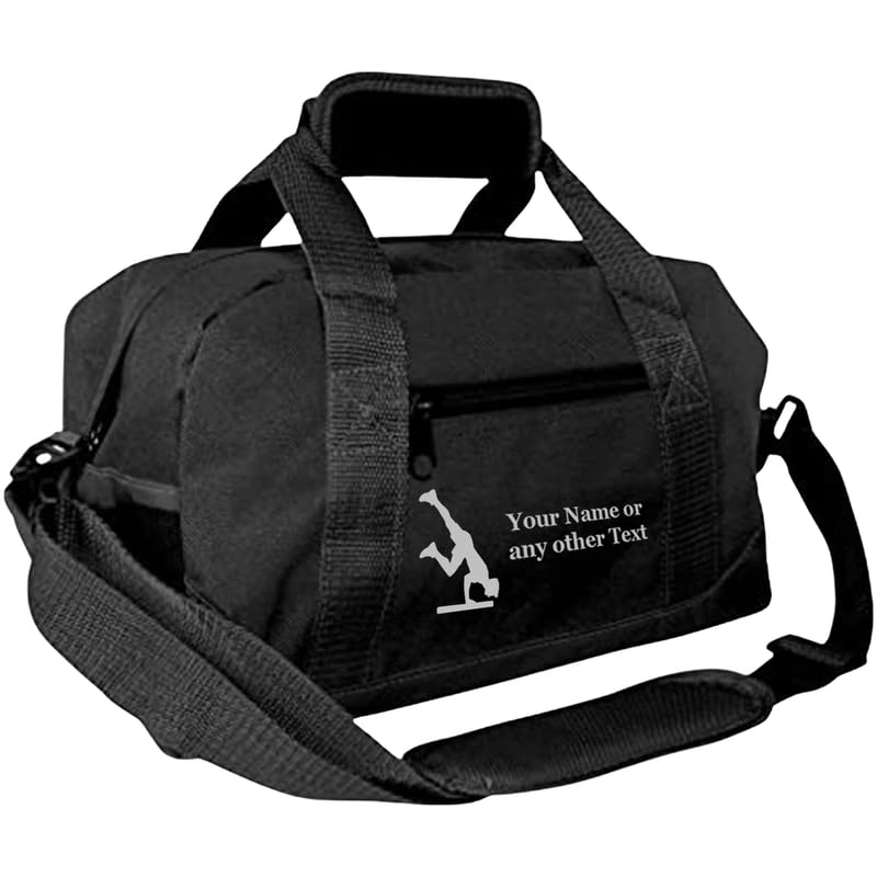 14” Small Sports Duffel Bags for Kids - Waterproof Travel Duffle with Name & Gymnastics Design - Black Two-Toned Kids Weekender Bag for Boys and Girls - color: Black, style: Gymnastics