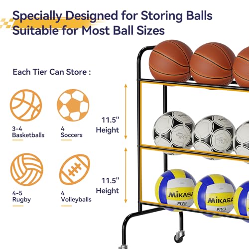 Basketball Rack 3 Tier, Rolling Sport Equipment Holder Ball Storage Cart for Basketball, Football and Soccer, Suitable for Indoor and Outdoor, Black