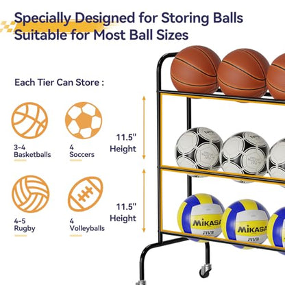 Basketball Rack 3 Tier, Rolling Sport Equipment Holder Ball Storage Cart for Basketball, Football and Soccer, Suitable for Indoor and Outdoor, Black
