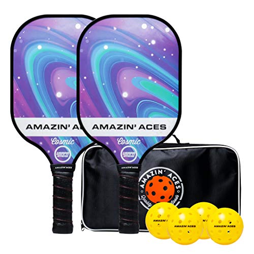 Amazin' Aces Graphite Pickleball Paddles Set - Single, 2 or 4 Paddles, Honeycomb Polymer Core with Comfy Cushion Grip - Varying Accessories Including Pickleballs, Pickleball Bag & Paddle Cover - color: 2PK - Cosmic - Signature