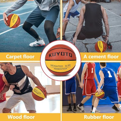 KUYOTQ 3LBS/3.3LBS/2.2LBS Weighted Heavy Training Basketball 29.5/28.5" in and Outdoor Improving Handling Dribbling Passing Rebounding Skill Composite Size 7/6 Weighted Training Basketball Equipment - color: Brown+Yellow, size: Size 7 Adult - 29.5"-3LBS
