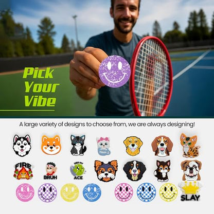 Tennis Racket Dampener - Glitter Smiley Face Designs - Vibration & Noise-Reducing Tennis Shock Absorber for Racquets - Secure, Easy-Install Accessories for Players of All Levels - style: Purple