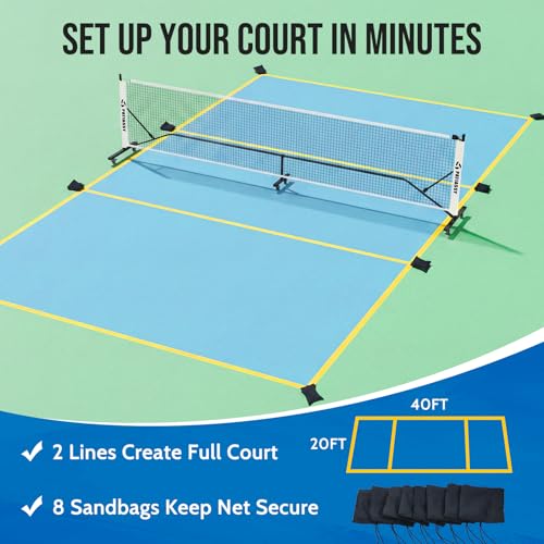 Portable Pickleball Net System with Wheels, 22FT Regulation Size Pickleball Net with Court Lines and 8 Sandbags for Outdoor Driveway, Mobile Pickle Ball Set with Carry Bag, Steady Steel Frame
