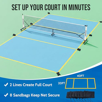 Portable Pickleball Net System with Wheels, 22FT Regulation Size Pickleball Net with Court Lines and 8 Sandbags for Outdoor Driveway, Mobile Pickle Ball Set with Carry Bag, Steady Steel Frame