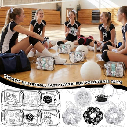 36 Pcs Volleyball Gifts for Girl 12 Black White Volleyball Makeup Bag Bulk Bow Cosmetic Bag Sport Team Gifts with 12 Sport Hair Scrunchies 12 Round Portable Folding Brush Mirror for Team