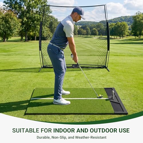 Large Golf Hitting Mat 5x4ft Indoor Outdoor Backyard, Thick Golf Practice Mat with Phone Slot & Ball Tray, Heavy Duty Artificial Turf Driving Range Golf Simulator Mat with Alignment Line - color: 5x4ft26mm