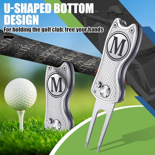 Golf Divot Repair Tool with Letter Custom Monogrammed Initial Ball Marker Divot Tool New Year Golf Gifts Foldable Metal with Magnetic Putt Alignment for Men Father Golfer - color: Silver, style: Letter M