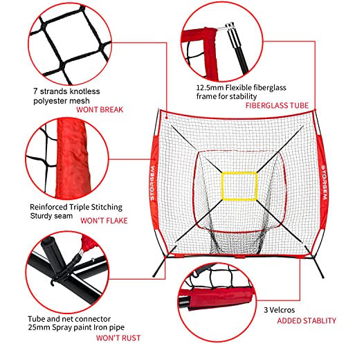 Storgem Baseball and Softball Practice Net 7×7ft Portable Hitting Pitching Batting Training Net Baseball Backstop Net with Batting Tee and Strike Zone and Bow Frame - color: Red
